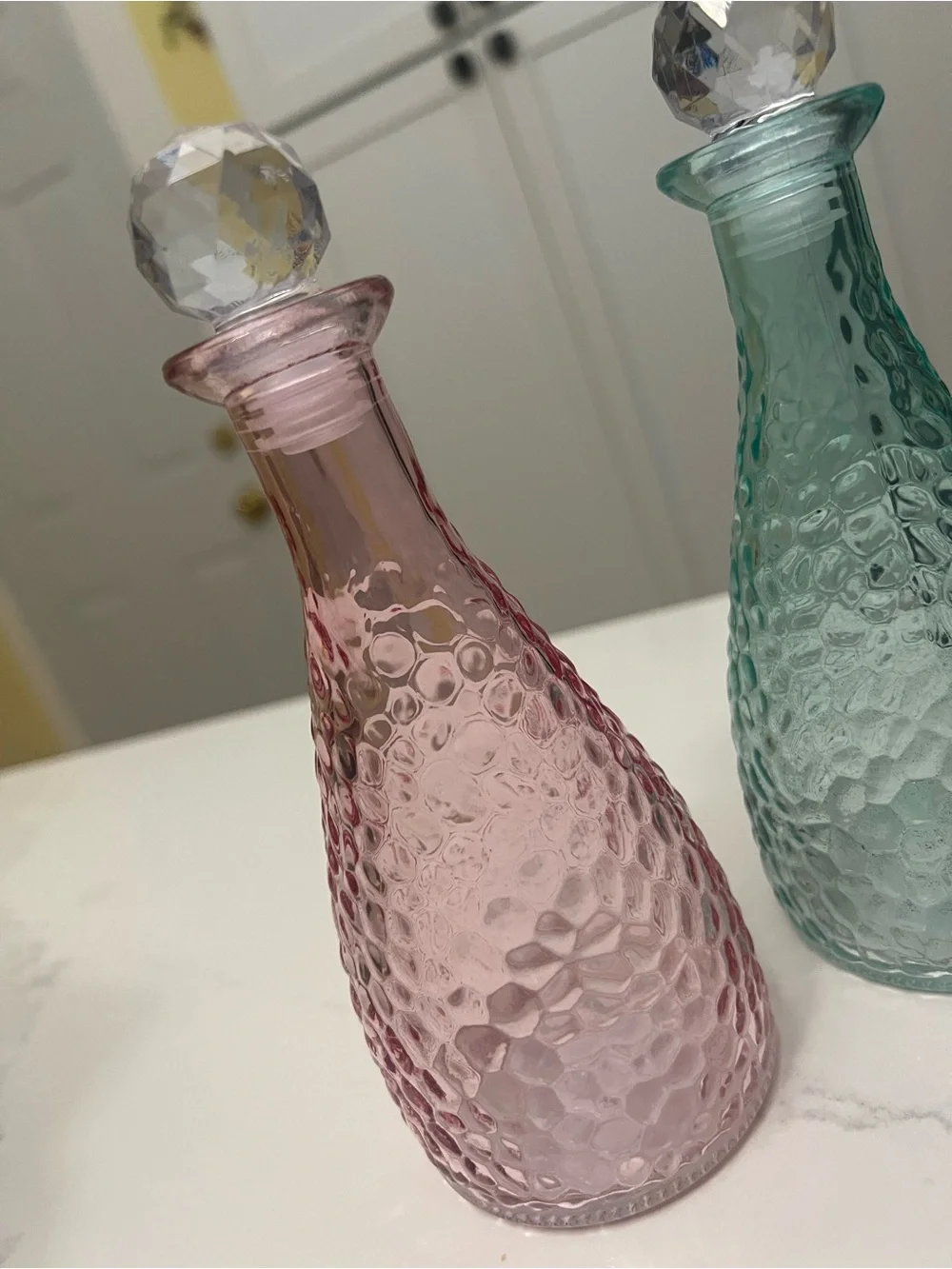 Set 2. Decorative Glass Hammered with Faceted Stopper - Pink and Aqua